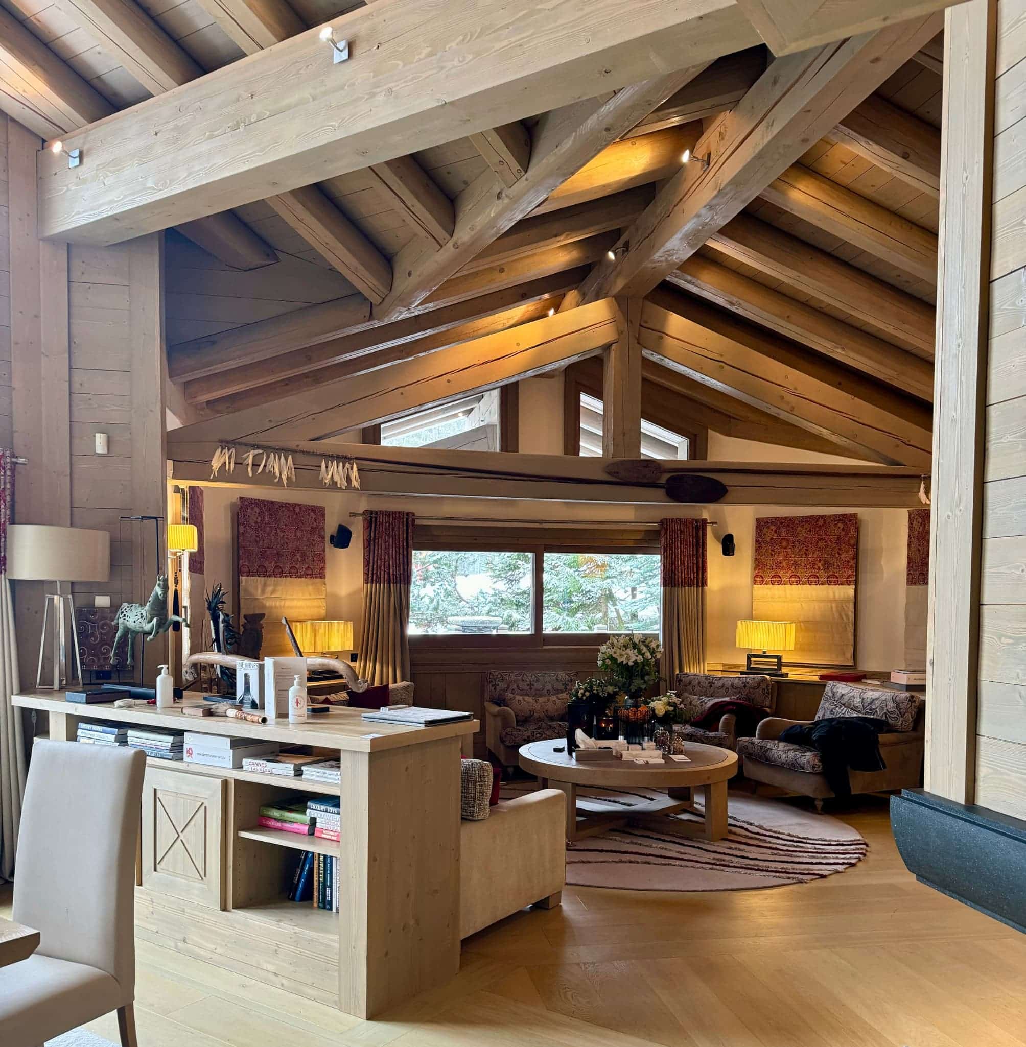 Luxury wooden chalet living room interior in Courchevel