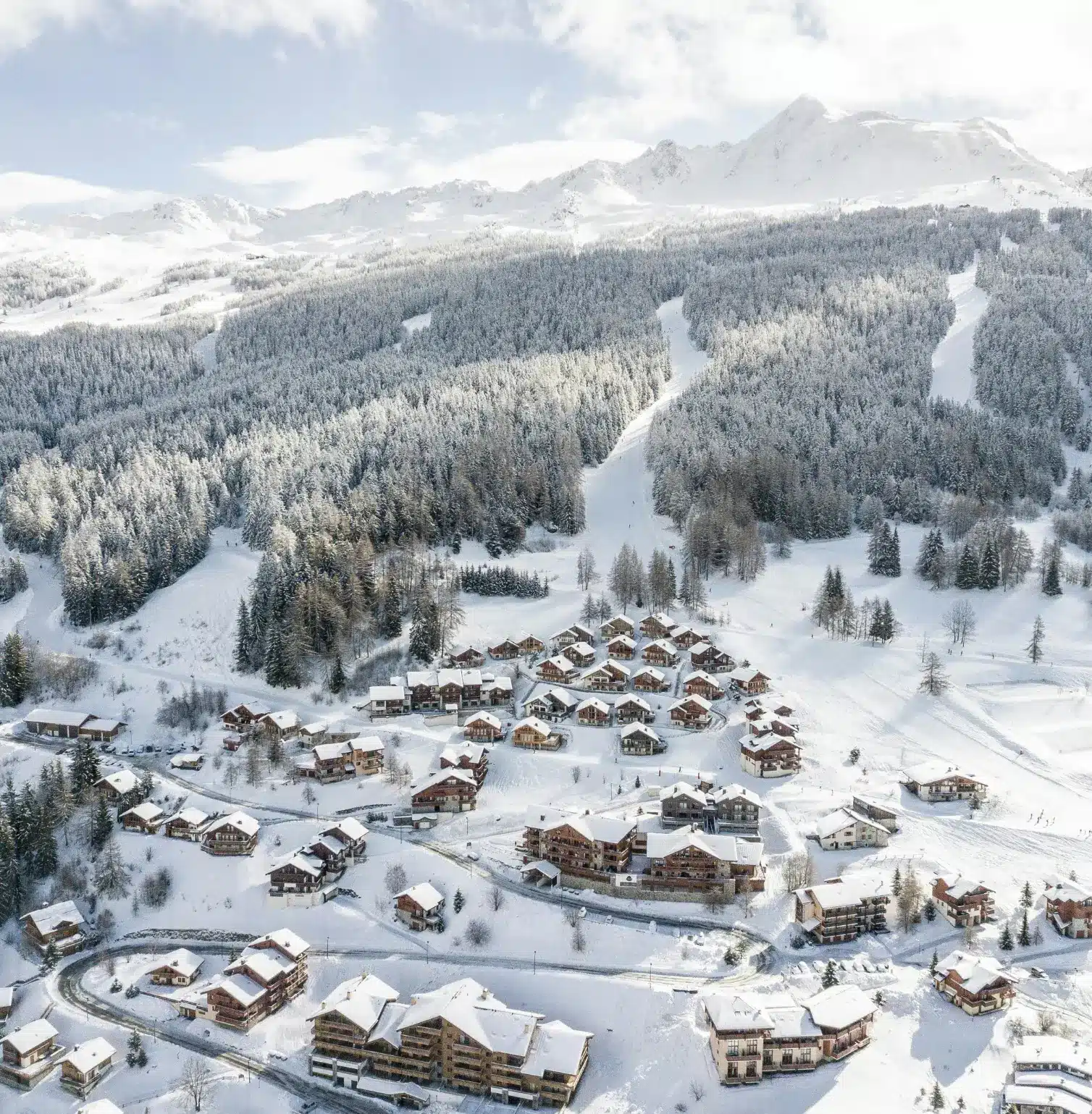 Aerial view of Courchevel covered in snow