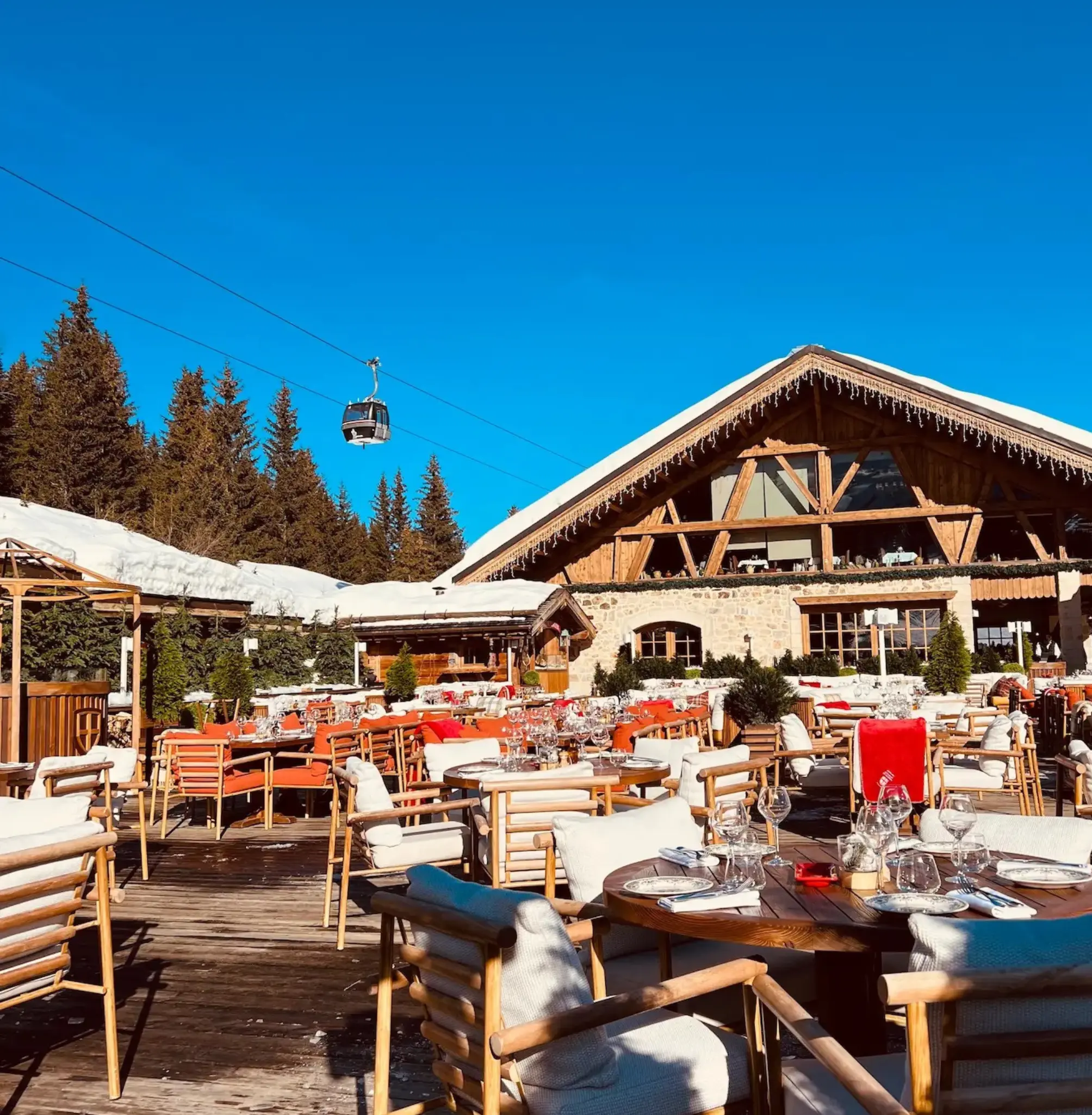 Sunny terrace of a luxury restaurant in Courchevel