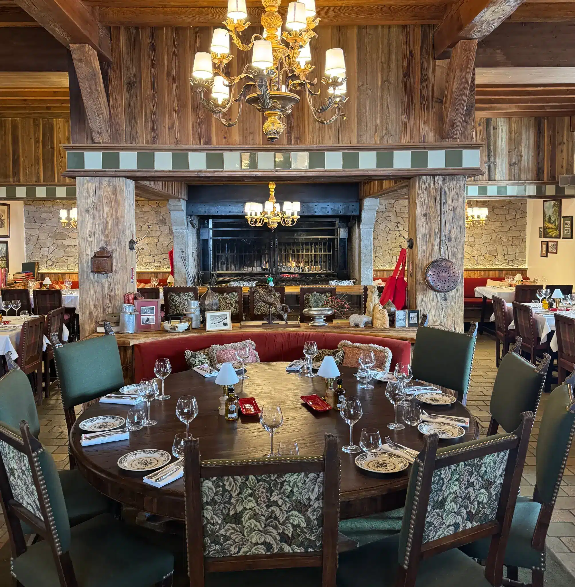 Luxury restaurant interior with large fireplace
