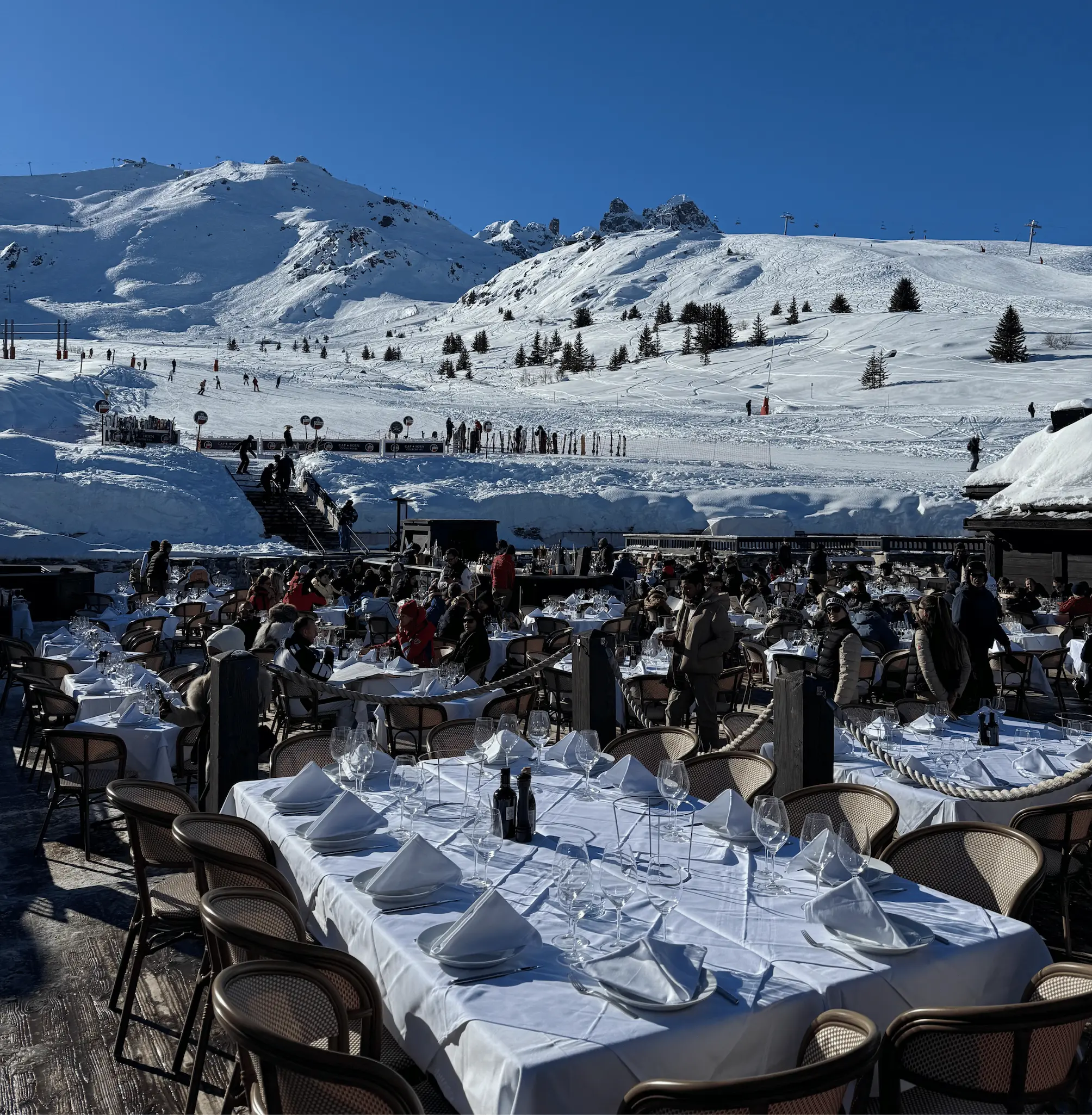 Large restaurant terrace in Courchevel with mountain view