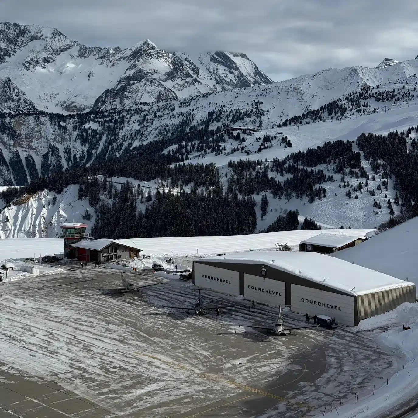 Courchevel Altiport runway in snowy mountains