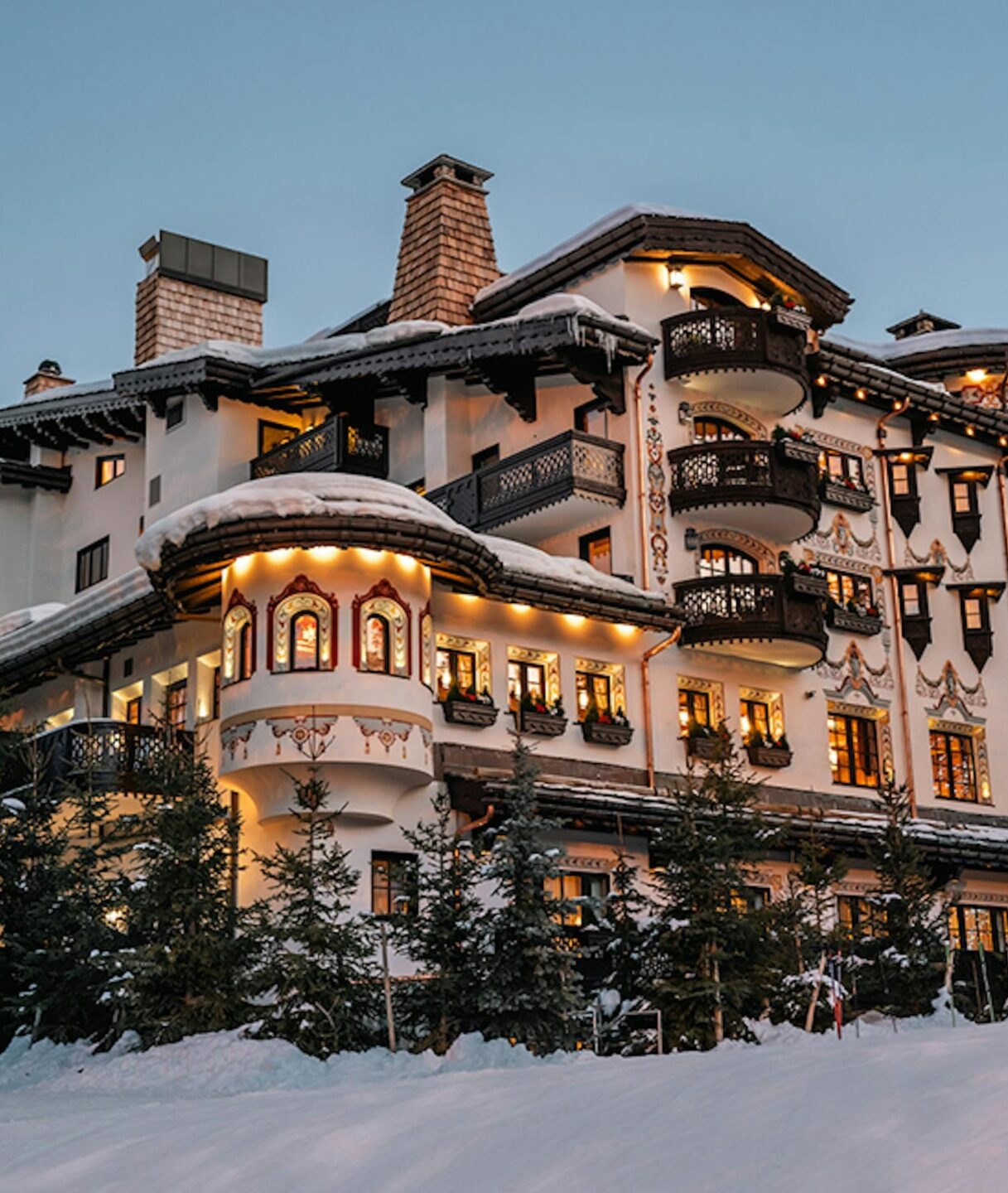 Ornate traditional Savoyard facade of Les Airelles hotel in Courchevel