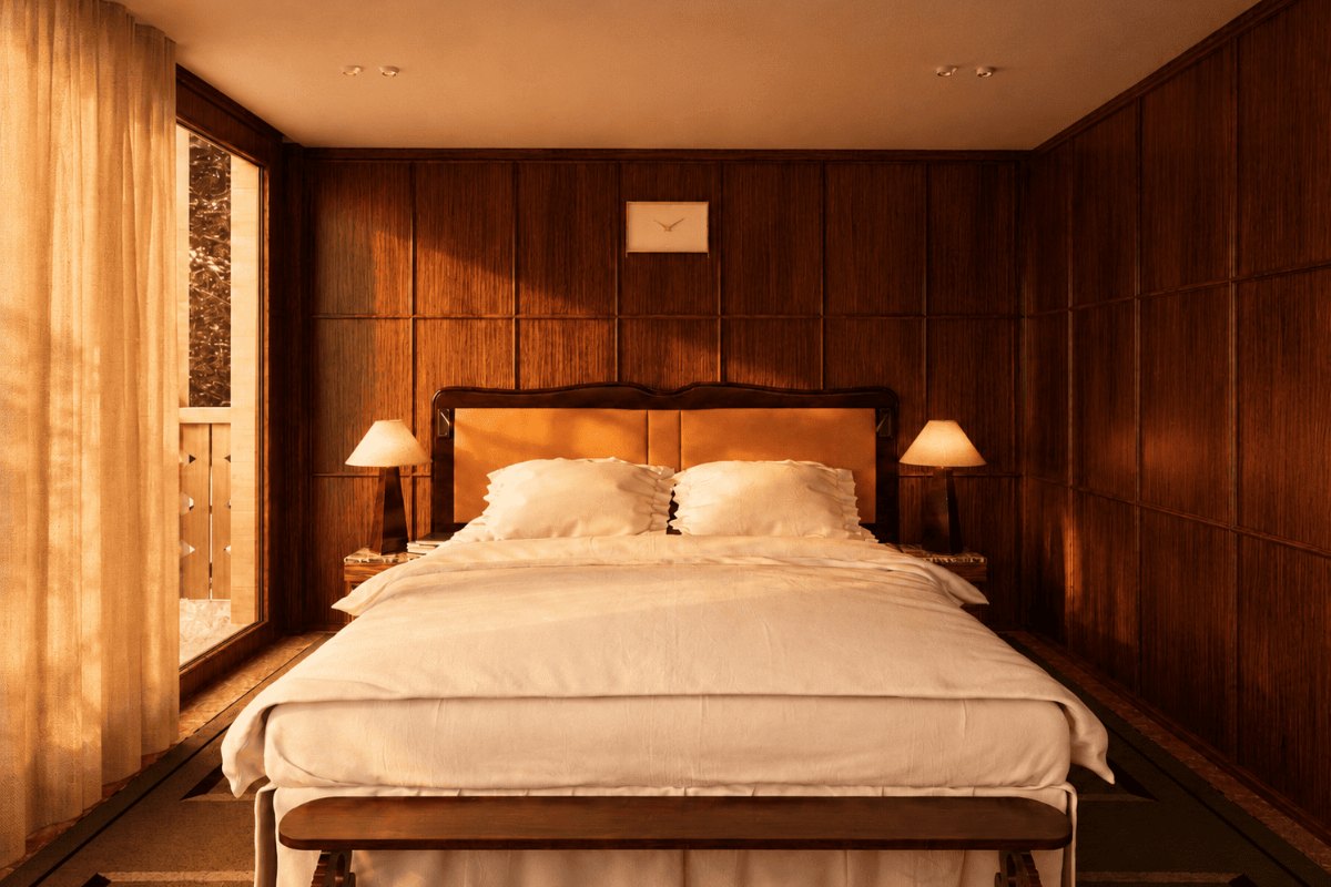 Wood-panelled bedroom at the Bourbon Hotel