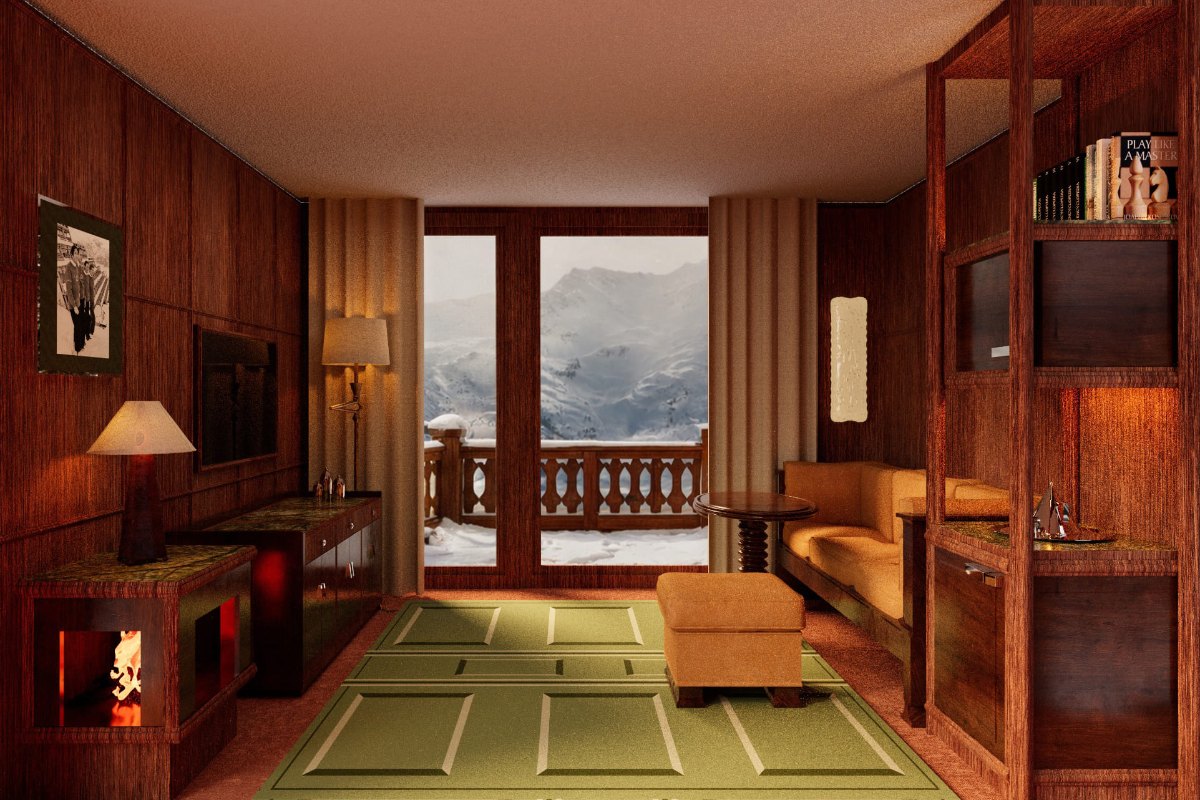 Hotel living room looking out onto the mountains