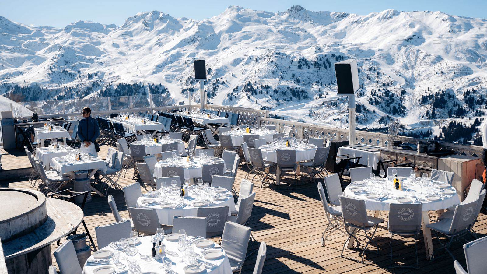 Terrace tables above the valley at La Folie Douce Méribel-Courchevel, home of Cucucina