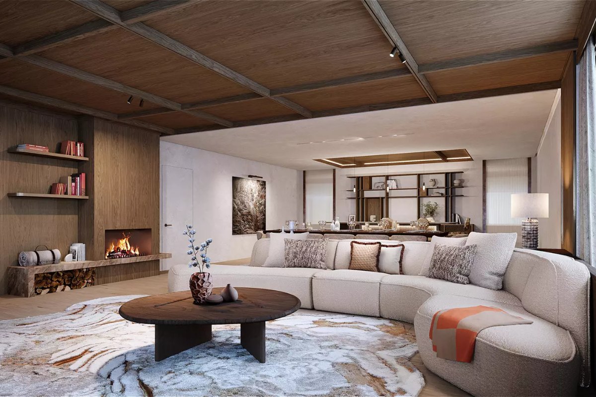 Living room with fireplace in the new La Sivoliere building