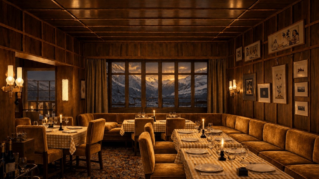 Wood-panelled dining room with checked tablecloths and mountain windows at Simonetta, Bourbon Hotel, Courchevel 1850