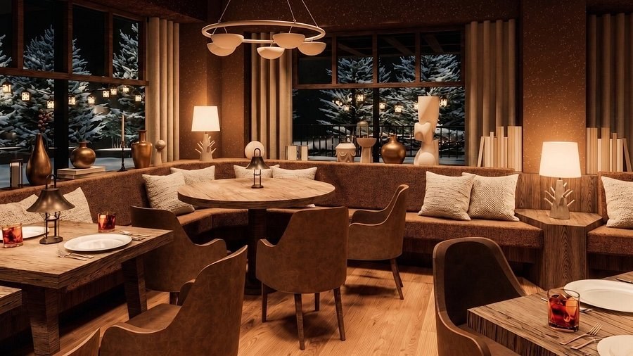 Warm wood dining room with banquettes and snow-covered pines outside at ZIA, La Sivolière, Courchevel 1850